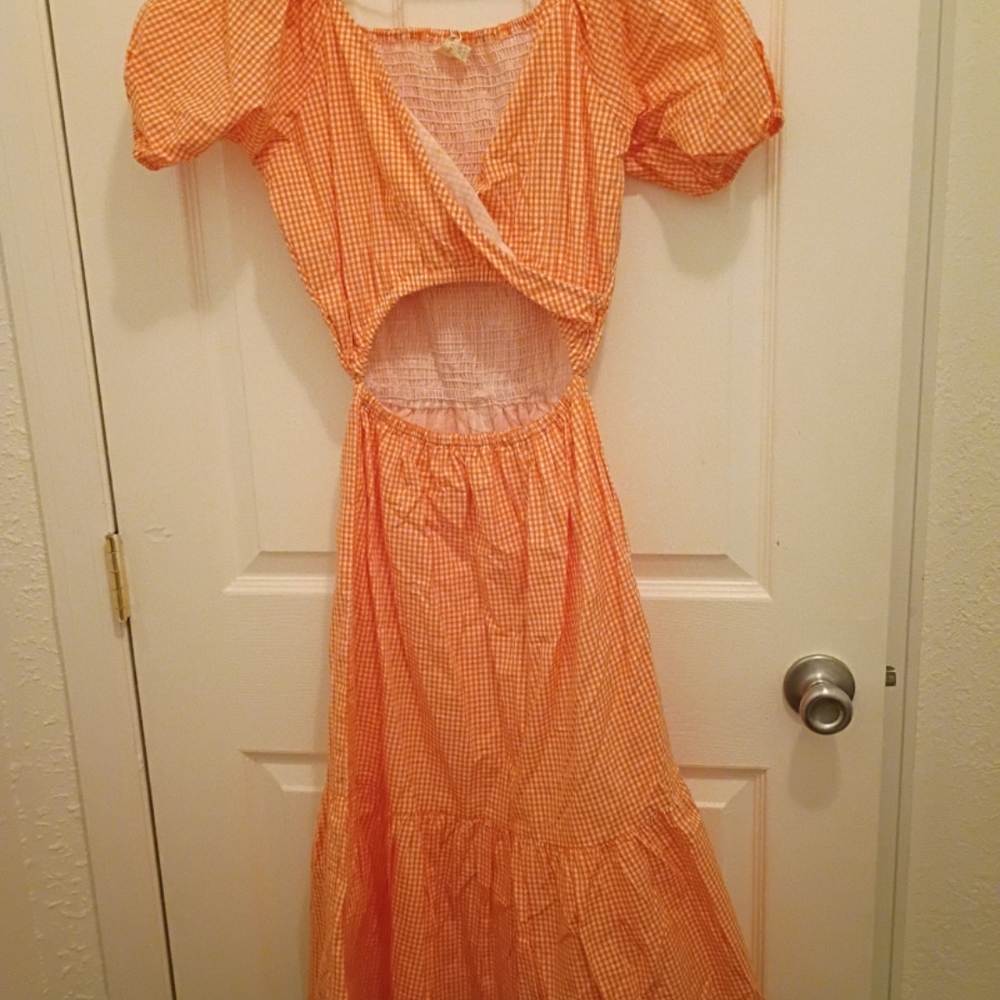 Elegant Orange Checkered Backless Dress